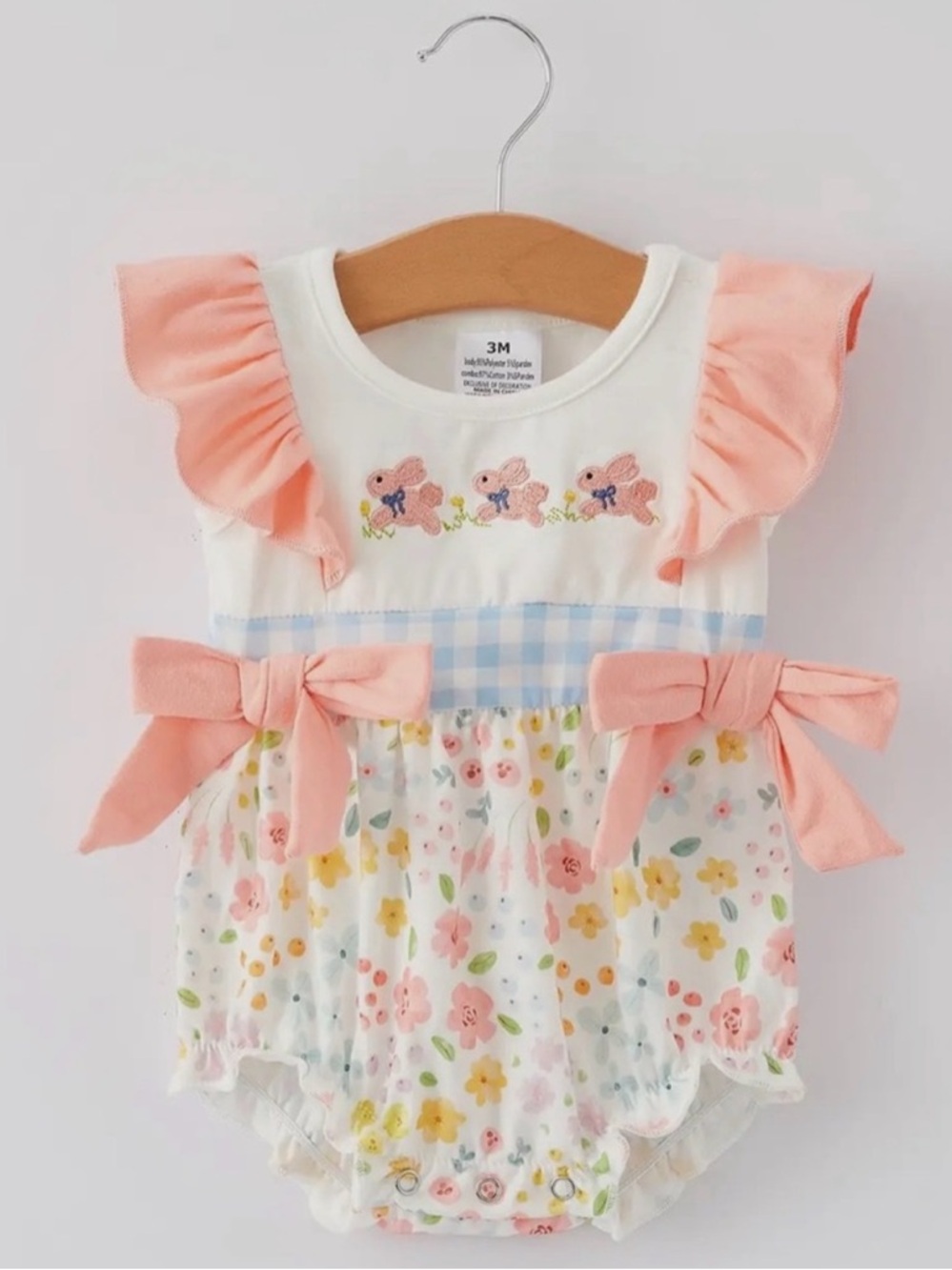 Embroidered Baby Floral Bunny Romper with Pink Bows Size 18M